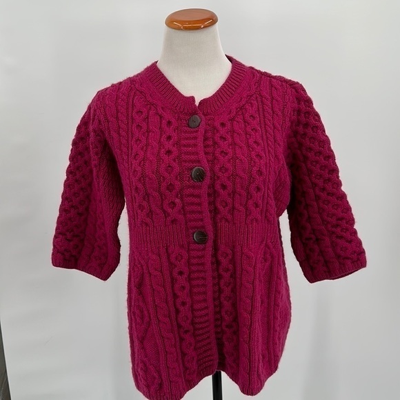 Kilronan Knitwear Sweaters - Kilronan Knitwear Pink Aran Stitch Irish Wool 3 Button Cardigan Sweater Size XL